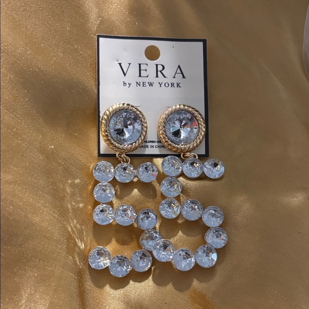 Gold Tone  and Silver 5 Crystal Earrings